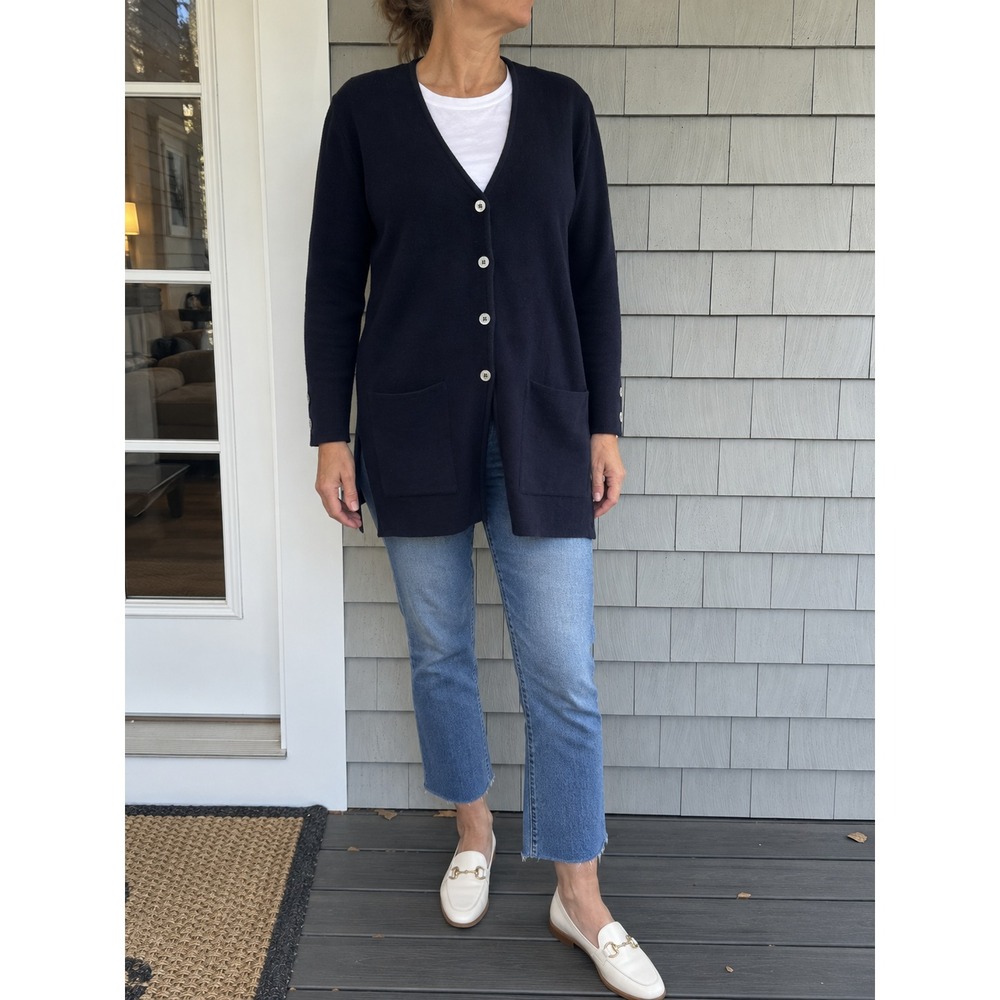 Vintage Rodier Navy Wool Blend Longline Cardigan FR 42 Pockets Side Slits